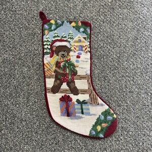 Teddy Bear Santa Needlepoint Christmas Stocking 17 Inches Velvet Back